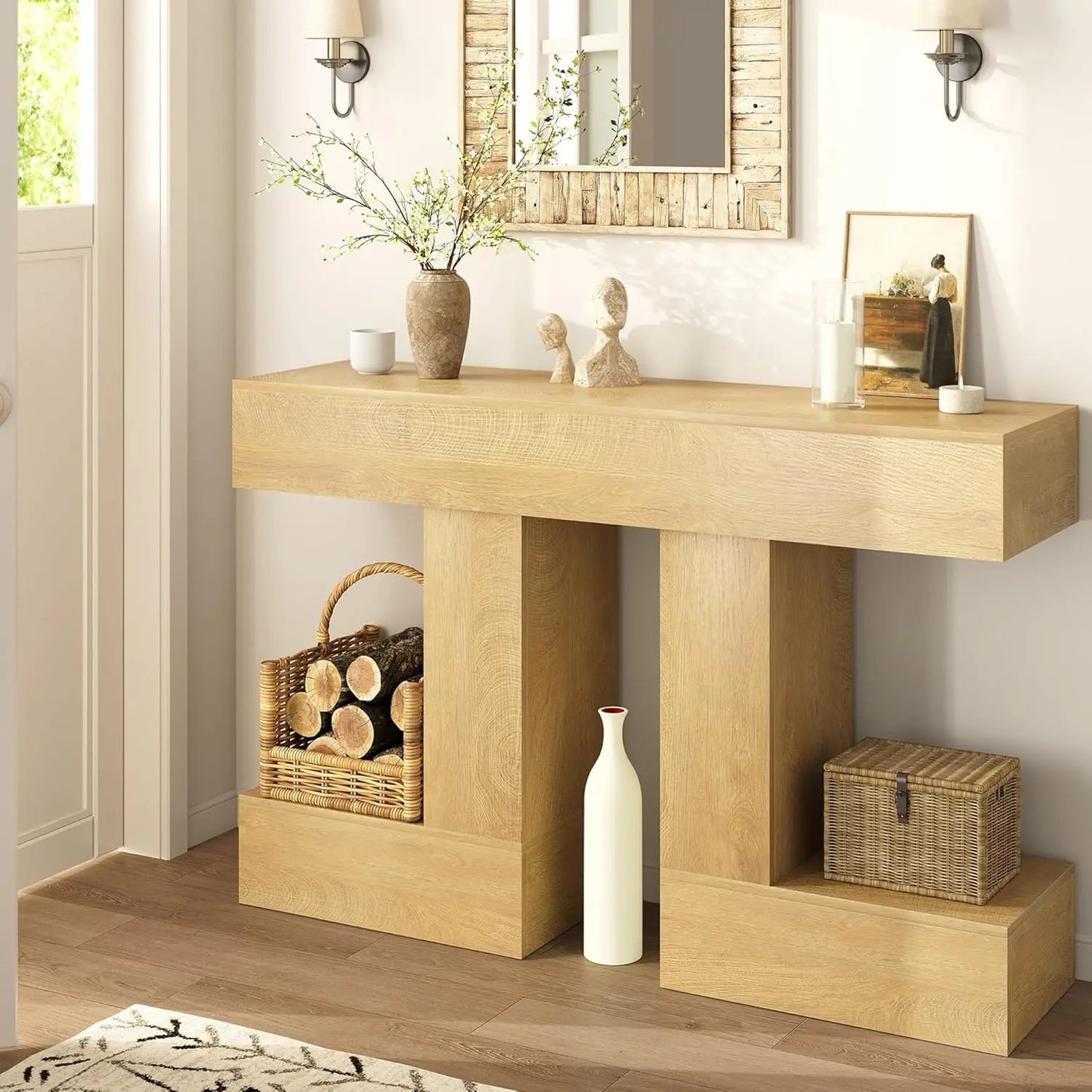 Vividwood 47.24-Inch Console Table, Farmhouse Sofa Table behind Couch with Storage, Industrial Entryway Table for Living Room, Hallway, Entrance & Foyer, Natural Wood Finish