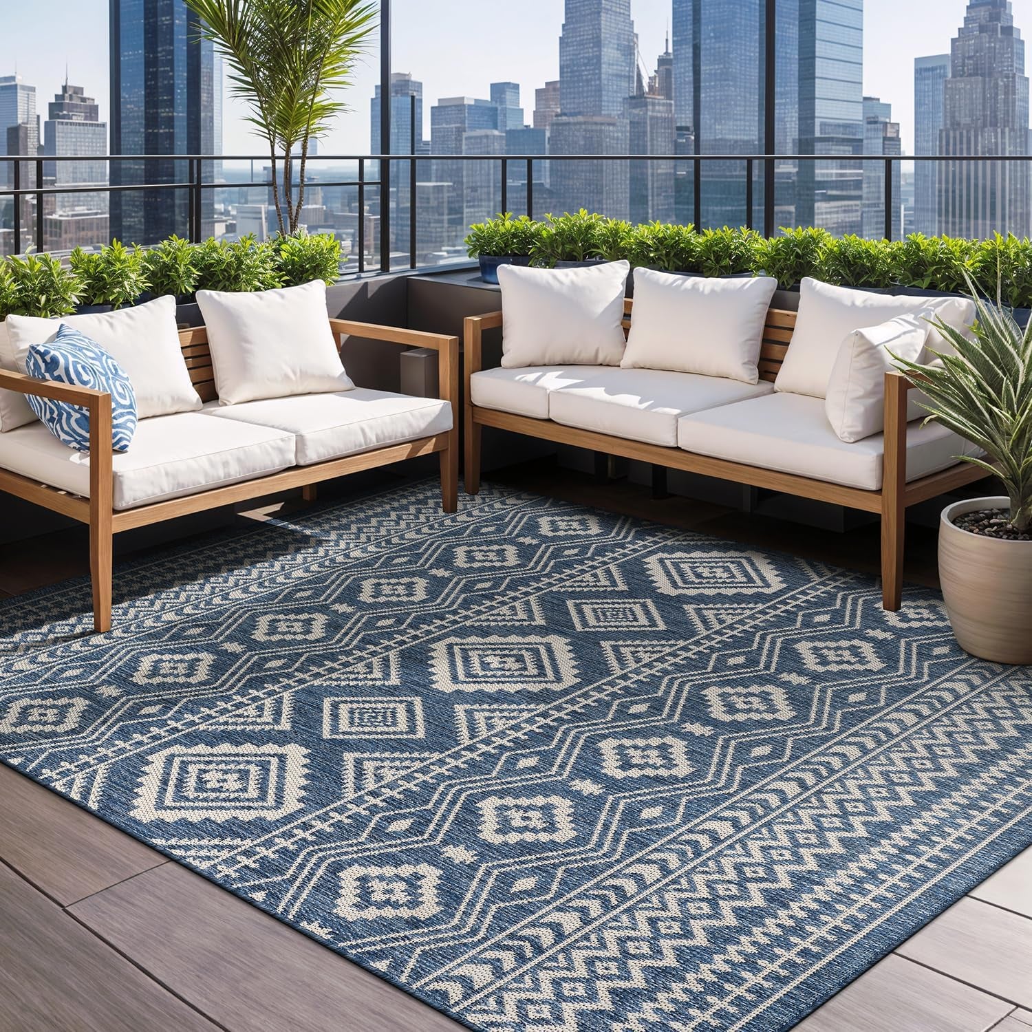 Waikiki Boho Indoor Outdoor Rug 5X7, Washable outside Carpet for Patio, Deck, Porch, Bohemian Area Rug, Farmhouse Rugs, Aztec Tribal Rug, Azure and White