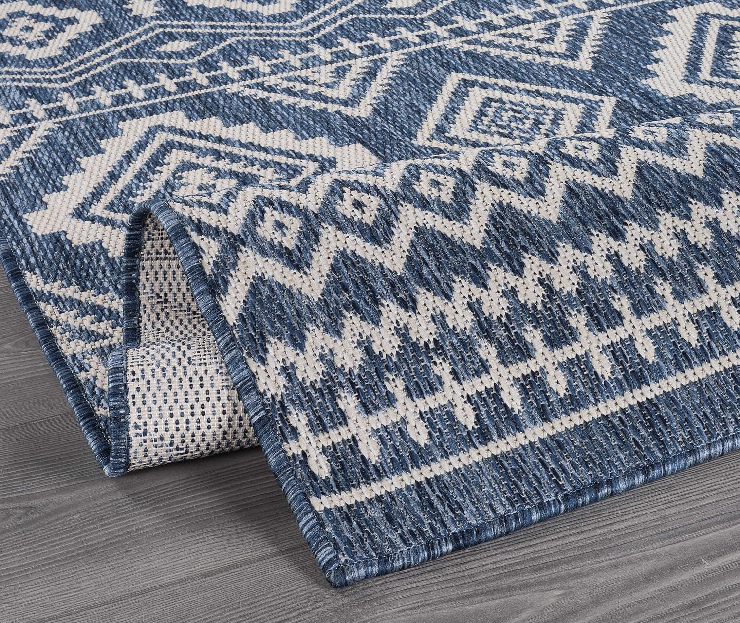 Waikiki Boho Indoor Outdoor Rug 5X7, Washable outside Carpet for Patio, Deck, Porch, Bohemian Area Rug, Farmhouse Rugs, Aztec Tribal Rug, Azure and White