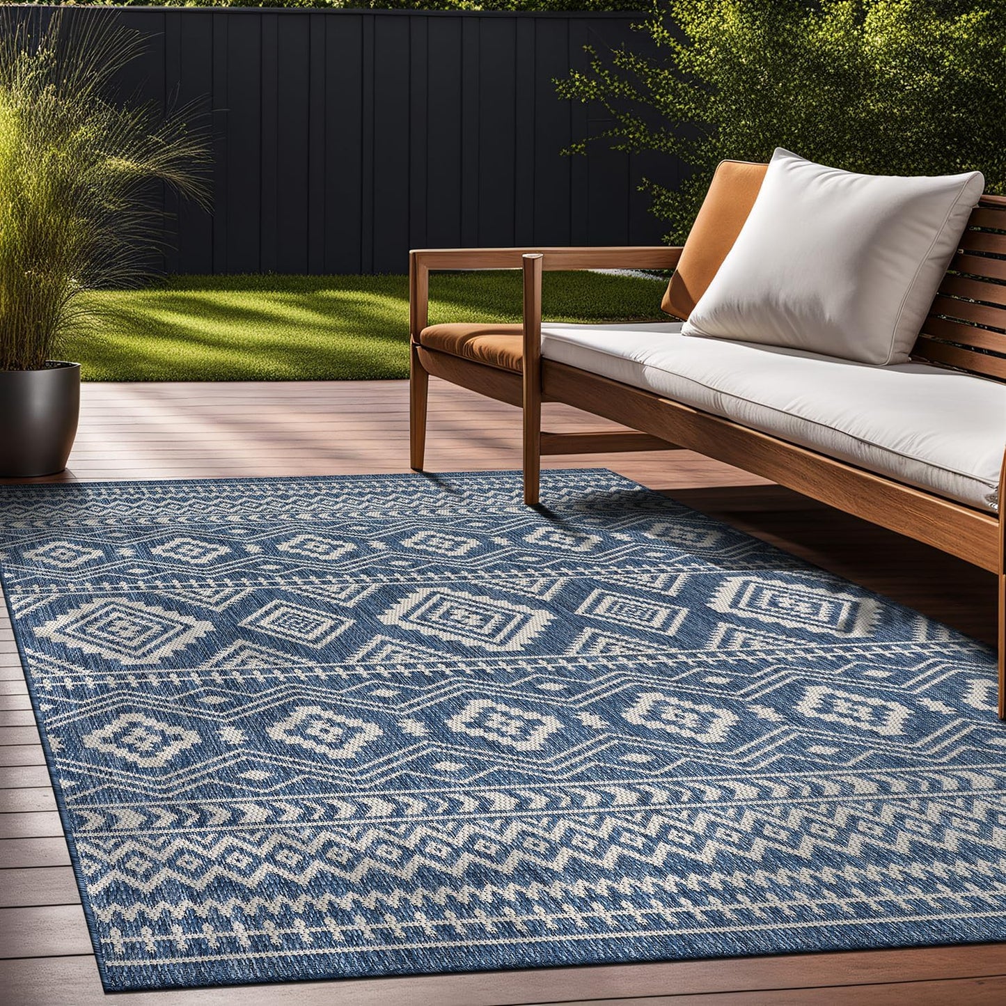 Waikiki Boho Indoor Outdoor Rug 5X7, Washable outside Carpet for Patio, Deck, Porch, Bohemian Area Rug, Farmhouse Rugs, Aztec Tribal Rug, Azure and White