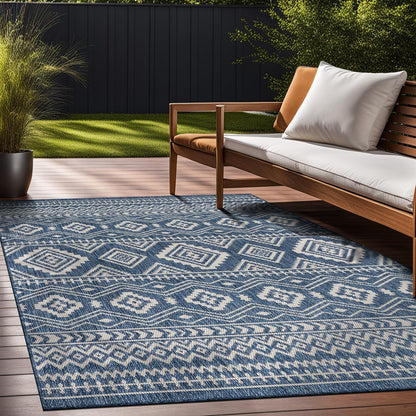 Waikiki Boho Indoor Outdoor Rug 5X7, Washable outside Carpet for Patio, Deck, Porch, Bohemian Area Rug, Farmhouse Rugs, Aztec Tribal Rug, Azure and White