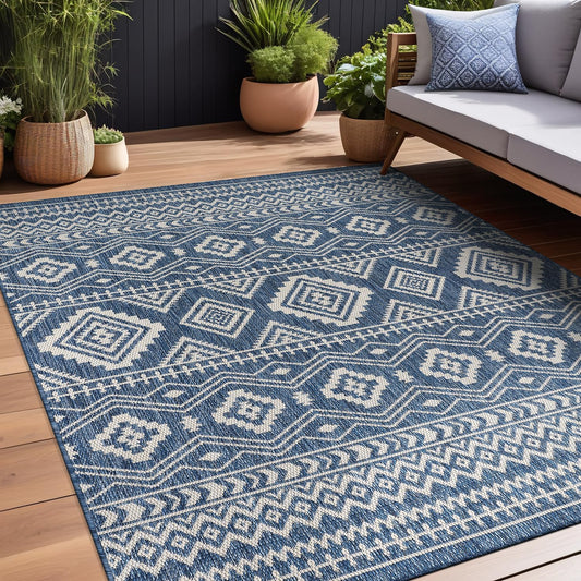 Waikiki Boho Indoor Outdoor Rug 5X7, Washable outside Carpet for Patio, Deck, Porch, Bohemian Area Rug, Farmhouse Rugs, Aztec Tribal Rug, Azure and White