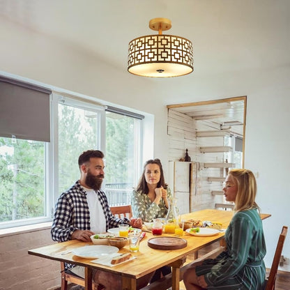 DLLT Flush Mount Ceiling Light: Modern 3-Light Semi Flush Mount Light Fixture - Drum Kitchen Lighting Fixture for Dining Room - Gold Bedroom Ceiling Lamp with Double Shade