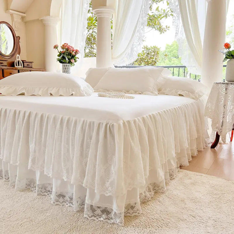 French Princess Lace Bed Skirt, Elegant Warm Mattress Protector, All-Season Washable Bedding for Bedroom, Guest Room, Hotel or Dorm Decor
