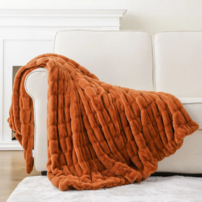 BATTILO Orange Faux Fur Throw Blanket, Double Side Ruched Reversible Blanket for Bed, 50X60 Inches