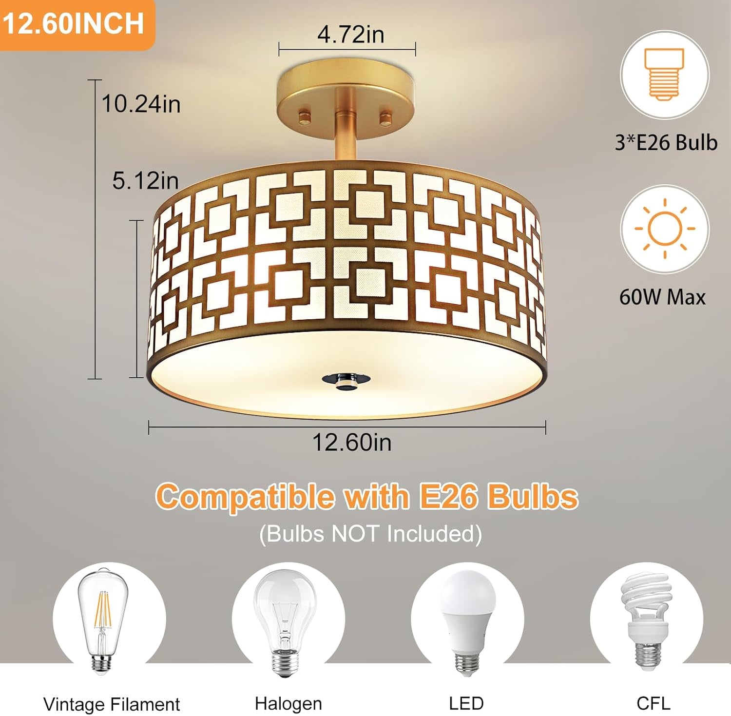 DLLT Flush Mount Ceiling Light: Modern 3-Light Semi Flush Mount Light Fixture - Drum Kitchen Lighting Fixture for Dining Room - Gold Bedroom Ceiling Lamp with Double Shade