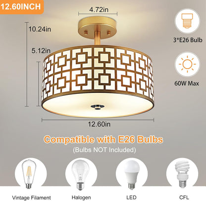 DLLT Flush Mount Ceiling Light: Modern 3-Light Semi Flush Mount Light Fixture - Drum Kitchen Lighting Fixture for Dining Room - Gold Bedroom Ceiling Lamp with Double Shade