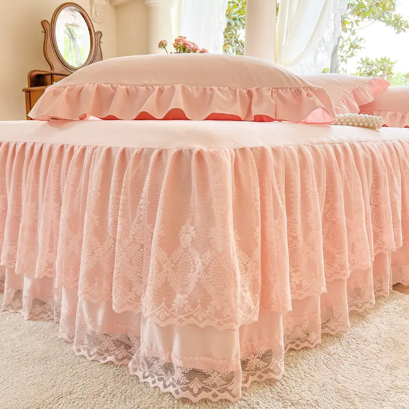 French Princess Lace Bed Skirt, Elegant Warm Mattress Protector, All-Season Washable Bedding for Bedroom, Guest Room, Hotel or Dorm Decor