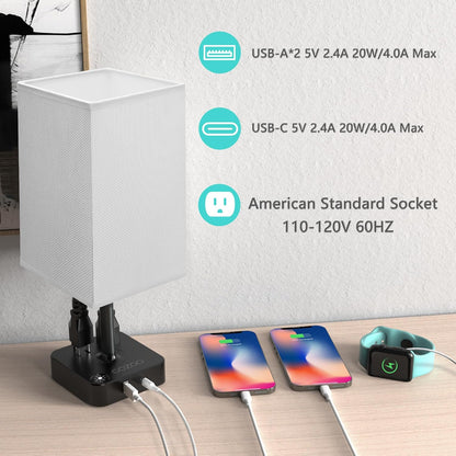 Table Lamp Dimmable  USB Bedside Table Desk Lamp with 2 USB Charging Port(A+C) 2 Outlet,Nightstand Lamp with Charger Base White Fabric Shade,Led Touch Lamp for Bedroom/Livingroom/Dorm/Home Office