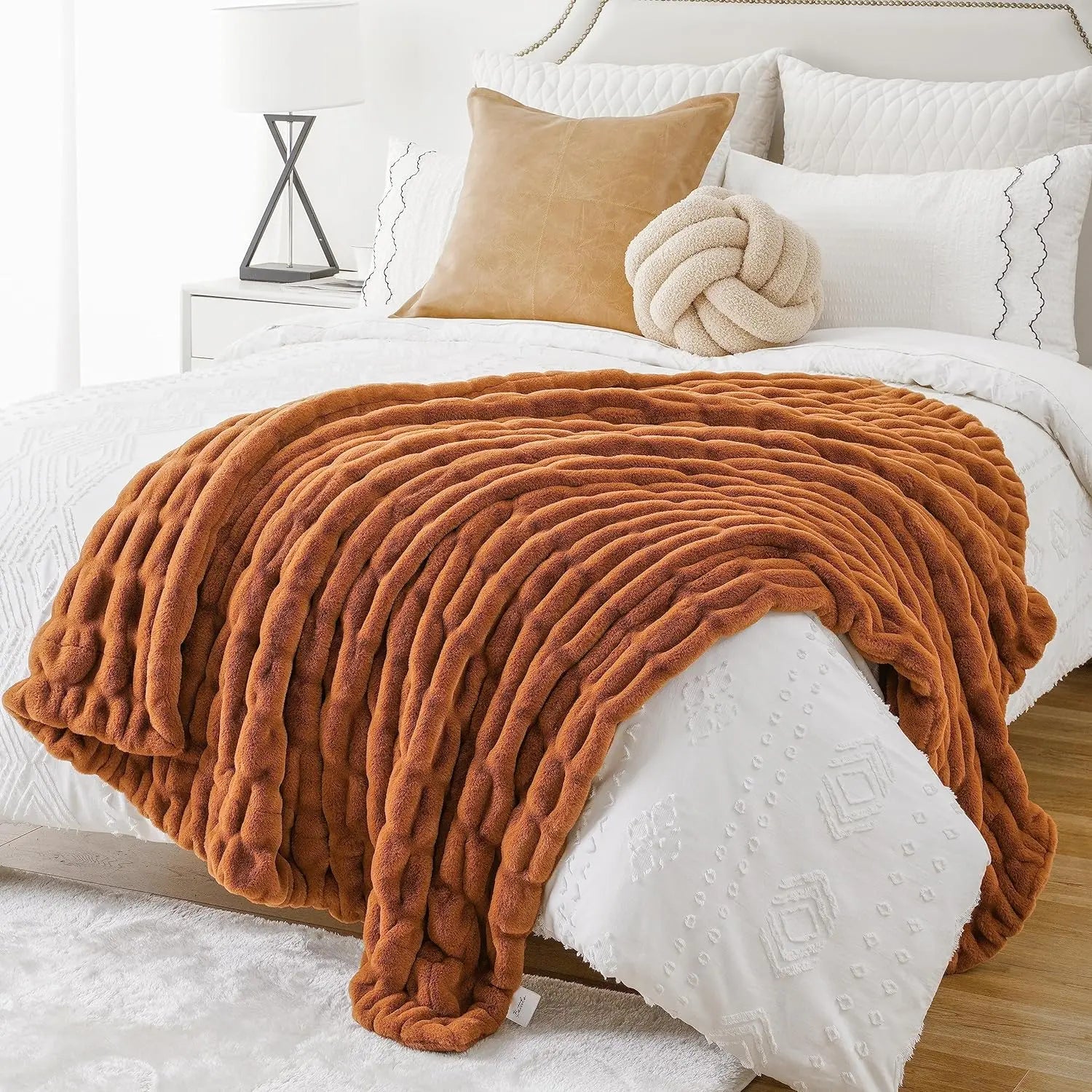 BATTILO Orange Faux Fur Throw Blanket, Double Side Ruched Reversible Blanket for Bed, 50X60 Inches