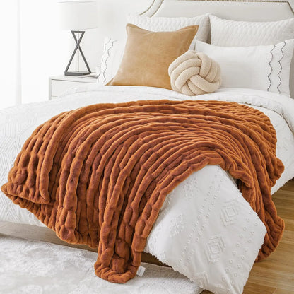 BATTILO Orange Faux Fur Throw Blanket, Double Side Ruched Reversible Blanket for Bed, 50X60 Inches