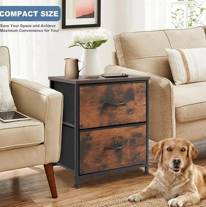 Night Stand, Small Dresser with 2/4 Drawers & Wooden Top, Nightstand with Fabric Bins, Bedside Table End Table for Bedroom, Closet, Entryway, College Dorm, Rustic Brown