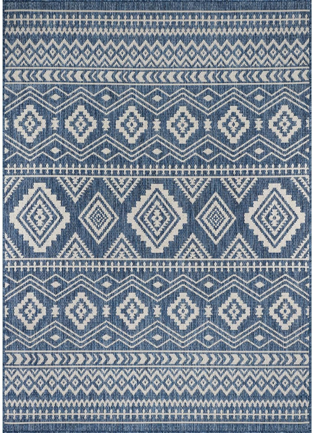 Waikiki Boho Indoor Outdoor Rug 5X7, Washable outside Carpet for Patio, Deck, Porch, Bohemian Area Rug, Farmhouse Rugs, Aztec Tribal Rug, Azure and White