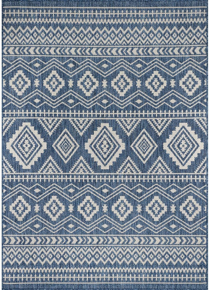 Waikiki Boho Indoor Outdoor Rug 5X7, Washable outside Carpet for Patio, Deck, Porch, Bohemian Area Rug, Farmhouse Rugs, Aztec Tribal Rug, Azure and White