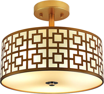 DLLT Flush Mount Ceiling Light: Modern 3-Light Semi Flush Mount Light Fixture - Drum Kitchen Lighting Fixture for Dining Room - Gold Bedroom Ceiling Lamp with Double Shade