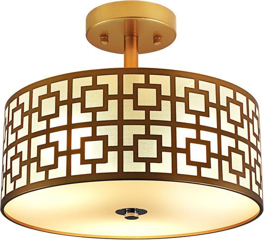 DLLT Flush Mount Ceiling Light: Modern 3-Light Semi Flush Mount Light Fixture - Drum Kitchen Lighting Fixture for Dining Room - Gold Bedroom Ceiling Lamp with Double Shade
