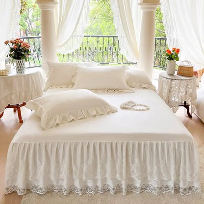 French Princess Lace Bed Skirt, Elegant Warm Mattress Protector, All-Season Washable Bedding for Bedroom, Guest Room, Hotel or Dorm Decor