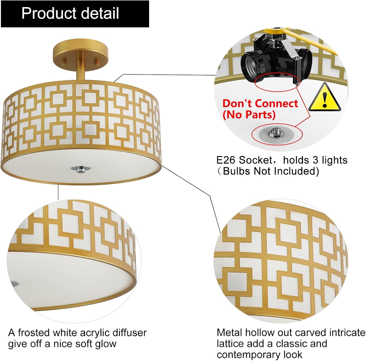 DLLT Flush Mount Ceiling Light: Modern 3-Light Semi Flush Mount Light Fixture - Drum Kitchen Lighting Fixture for Dining Room - Gold Bedroom Ceiling Lamp with Double Shade