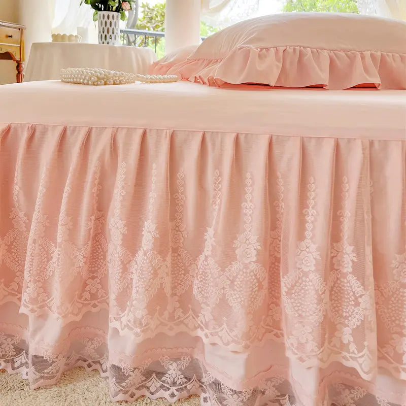 French Princess Lace Bed Skirt, Elegant Warm Mattress Protector, All-Season Washable Bedding for Bedroom, Guest Room, Hotel or Dorm Decor