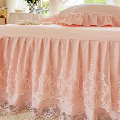 French Princess Lace Bed Skirt, Elegant Warm Mattress Protector, All-Season Washable Bedding for Bedroom, Guest Room, Hotel or Dorm Decor