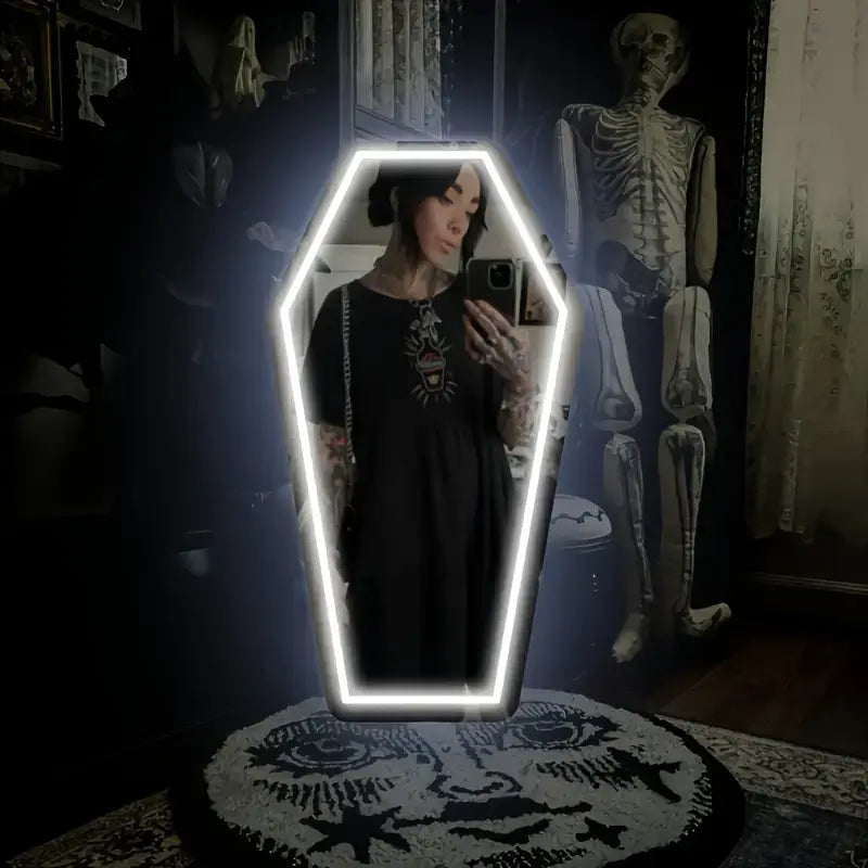 Gothic Elegance Coffin Neon Mirror Acrylic Glass Durable Resistant White Wall Decor for Witch Bedroom Gothic Lovers Gift