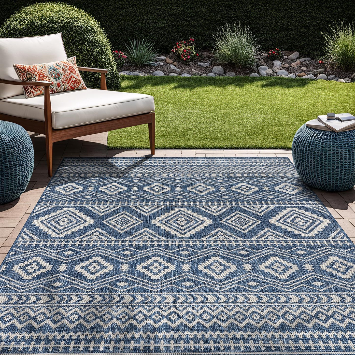 Waikiki Boho Indoor Outdoor Rug 5X7, Washable outside Carpet for Patio, Deck, Porch, Bohemian Area Rug, Farmhouse Rugs, Aztec Tribal Rug, Azure and White