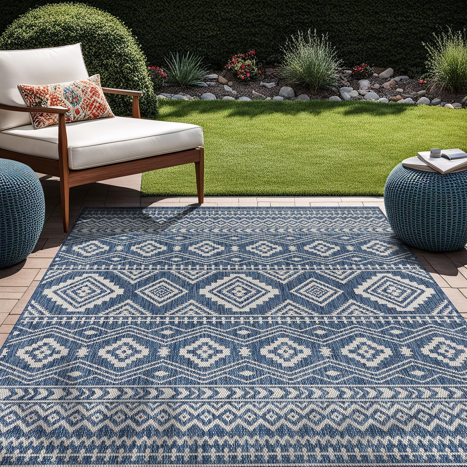 Waikiki Boho Indoor Outdoor Rug 5X7, Washable outside Carpet for Patio, Deck, Porch, Bohemian Area Rug, Farmhouse Rugs, Aztec Tribal Rug, Azure and White