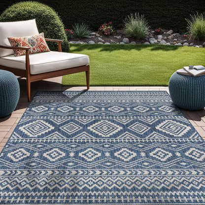 Waikiki Boho Indoor Outdoor Rug 5X7, Washable outside Carpet for Patio, Deck, Porch, Bohemian Area Rug, Farmhouse Rugs, Aztec Tribal Rug, Azure and White