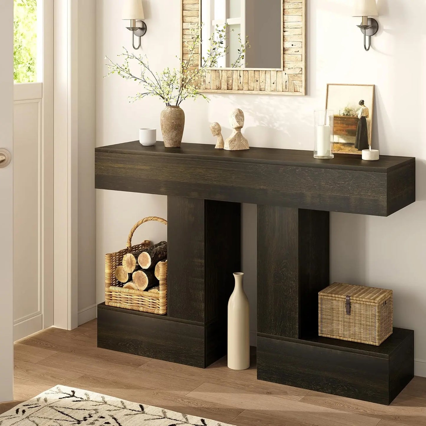 Vividwood 47.24-Inch Console Table, Farmhouse Sofa Table behind Couch with Storage, Industrial Entryway Table for Living Room, Hallway, Entrance & Foyer, Natural Wood Finish