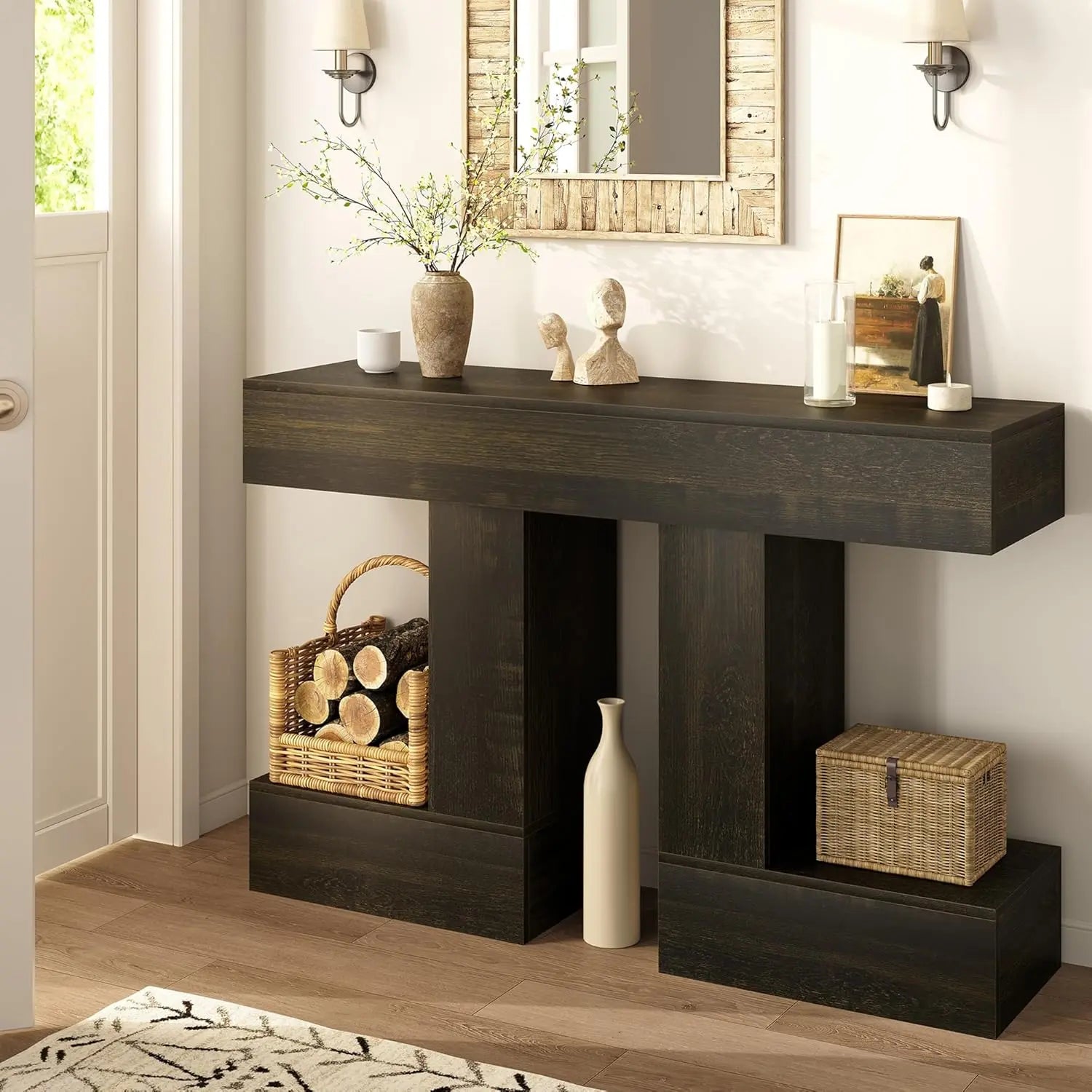 Vividwood 47.24-Inch Console Table, Farmhouse Sofa Table behind Couch with Storage, Industrial Entryway Table for Living Room, Hallway, Entrance & Foyer, Natural Wood Finish