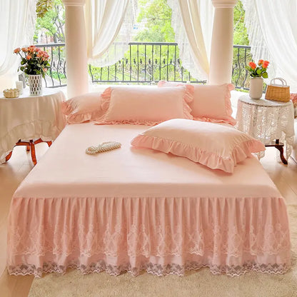 French Princess Lace Bed Skirt, Elegant Warm Mattress Protector, All-Season Washable Bedding for Bedroom, Guest Room, Hotel or Dorm Decor