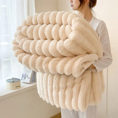 Luxurious Faux Rabbit Fur Throw Blanket Cozy Blanket-Patio Furniture Decor,Ultra-Soft,Classic Stripe Pattemn, Ideal for Bed,Couch, Travel,Camping, Allseasons,Home Bedroom Decor Plush Outdoorfun,Lightweightcomforter,All-Season Comforter 79” X 91