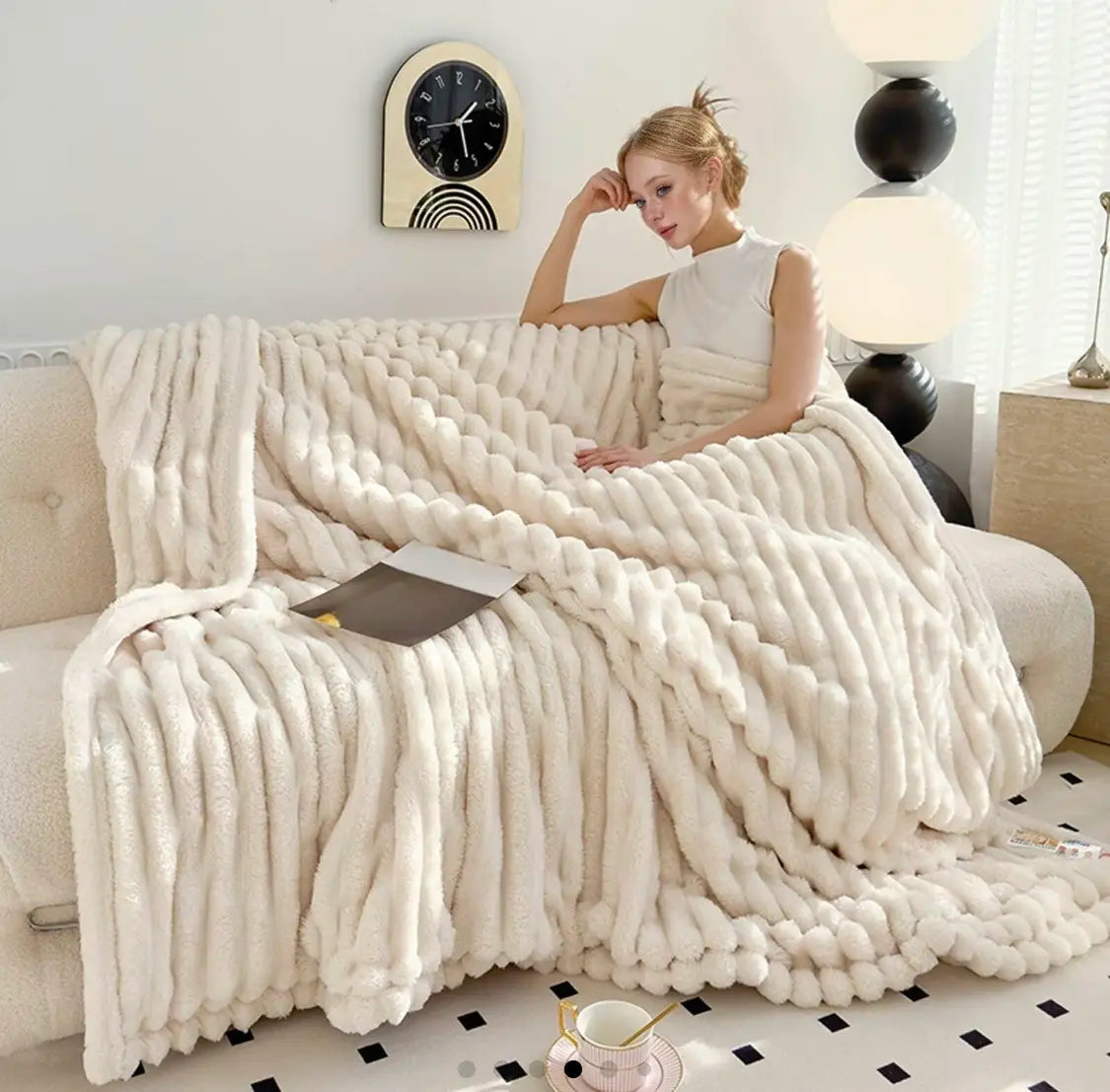 Luxurious Faux Rabbit Fur Throw Blanket Cozy Blanket-Patio Furniture Decor,Ultra-Soft,Classic Stripe Pattemn, Ideal for Bed,Couch, Travel,Camping, Allseasons,Home Bedroom Decor Plush Outdoorfun,Lightweightcomforter,All-Season Comforter 79” X 91
