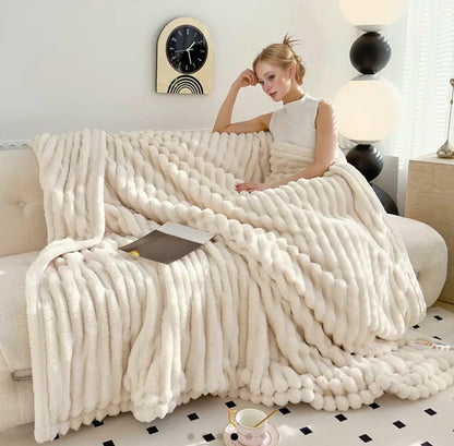 Luxurious Faux Rabbit Fur Throw Blanket Cozy Blanket-Patio Furniture Decor,Ultra-Soft,Classic Stripe Pattemn, Ideal for Bed,Couch, Travel,Camping, Allseasons,Home Bedroom Decor Plush Outdoorfun,Lightweightcomforter,All-Season Comforter 79” X 91