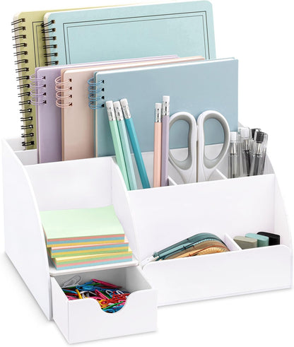 White Desktop Organizer - 9 Compartment Office Desk Accessories Organizer - Pen Holder