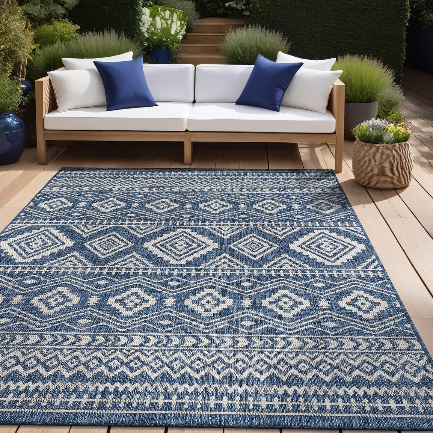 Waikiki Boho Indoor Outdoor Rug 5X7, Washable outside Carpet for Patio, Deck, Porch, Bohemian Area Rug, Farmhouse Rugs, Aztec Tribal Rug, Azure and White