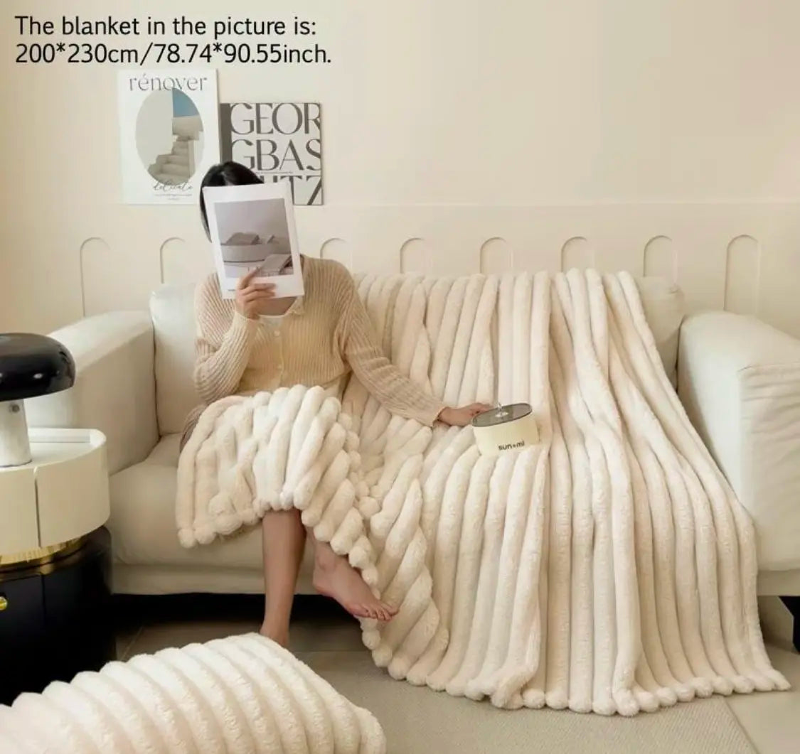 Luxurious Faux Rabbit Fur Throw Blanket Cozy Blanket-Patio Furniture Decor,Ultra-Soft,Classic Stripe Pattemn, Ideal for Bed,Couch, Travel,Camping, Allseasons,Home Bedroom Decor Plush Outdoorfun,Lightweightcomforter,All-Season Comforter 79” X 91