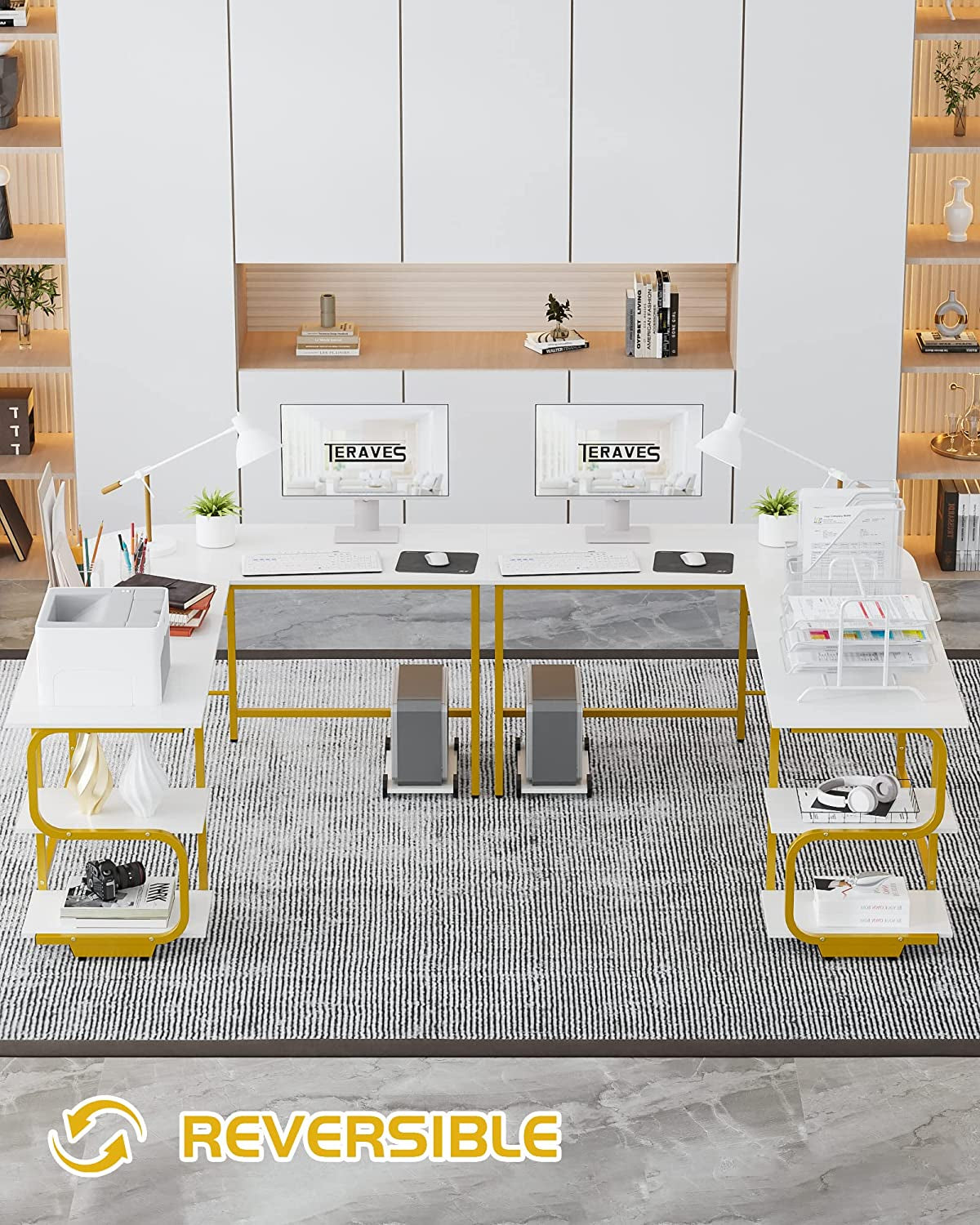 Reversible L Shaped Desk with Large Surface, 61 Inch Sturdy Corner Desk with Storage Shelves, Premium Office Computer Desk Workstation for Home Office Gaming