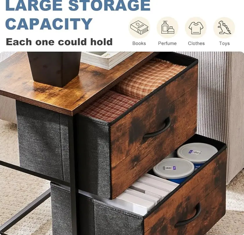 Night Stand, Small Dresser with 2/4 Drawers & Wooden Top, Nightstand with Fabric Bins, Bedside Table End Table for Bedroom, Closet, Entryway, College Dorm, Rustic Brown