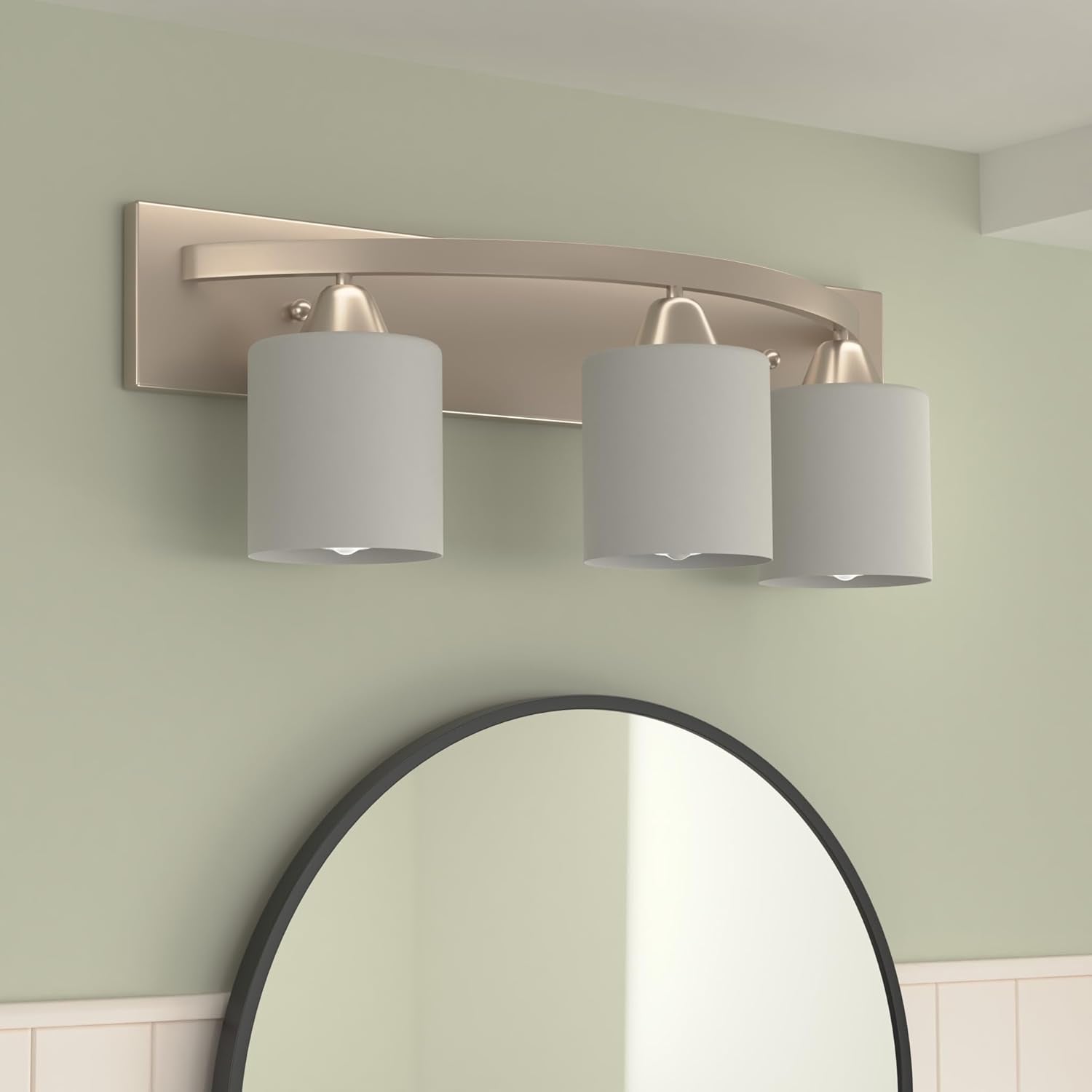 Vanity Light Fixture - Interior Bathroom Lighting Bar with Modern Milk Glass Shade - Bathroom Lights over Mirror Fixture for Powder Room - Brushed Nickel, 3 Lights, E26, Bulbs Not Included