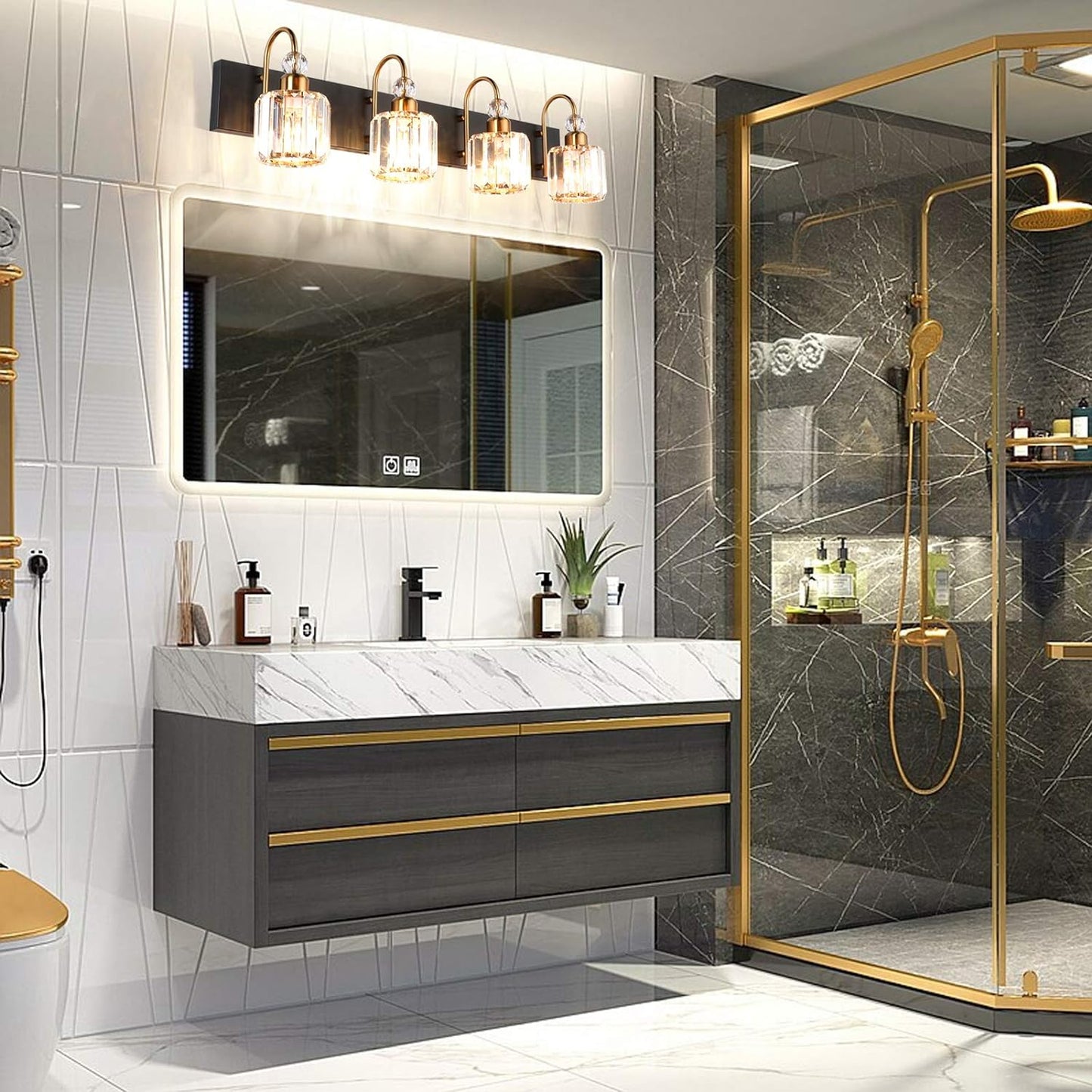 LED Modern Vanity Lights Fixtures 4 Lights Black Vanity Lights Crystal Modern Matte Black Vanity Lights for Bathroom