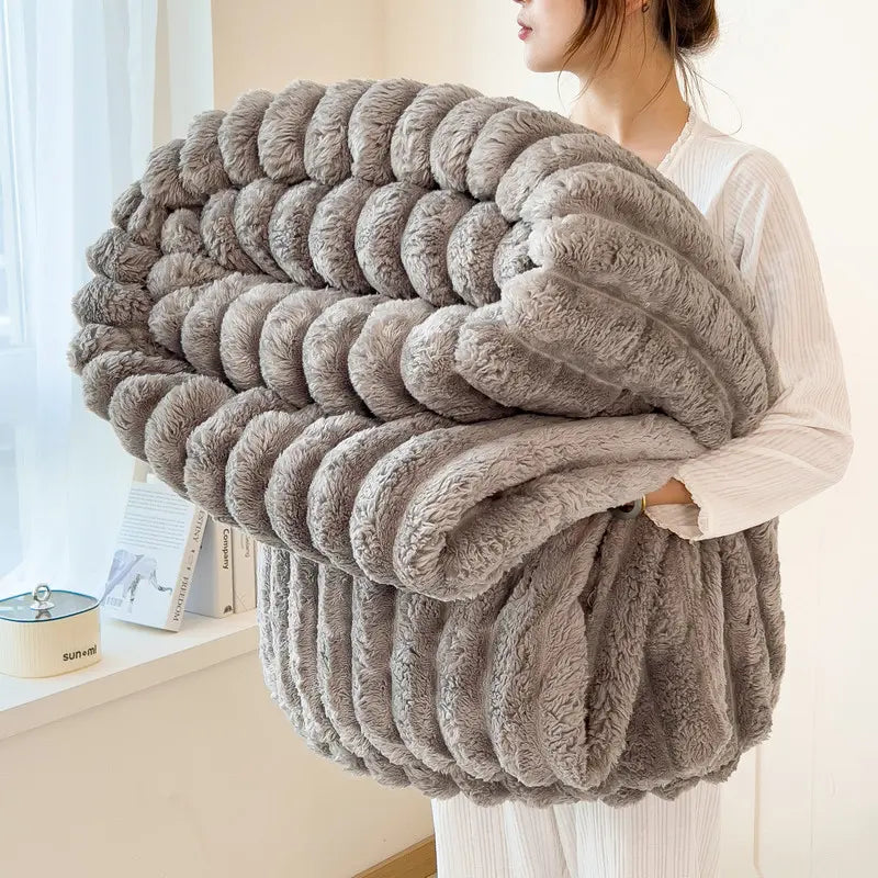Luxurious Faux Rabbit Fur Throw Blanket Cozy Blanket-Patio Furniture Decor,Ultra-Soft,Classic Stripe Pattemn, Ideal for Bed,Couch, Travel,Camping, Allseasons,Home Bedroom Decor Plush Outdoorfun,Lightweightcomforter,All-Season Comforter 79” X 91