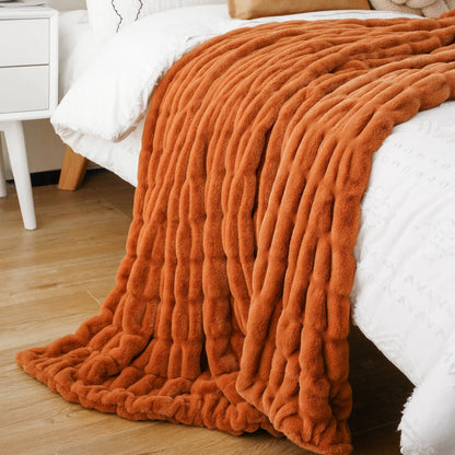 BATTILO Orange Faux Fur Throw Blanket, Double Side Ruched Reversible Blanket for Bed, 50X60 Inches