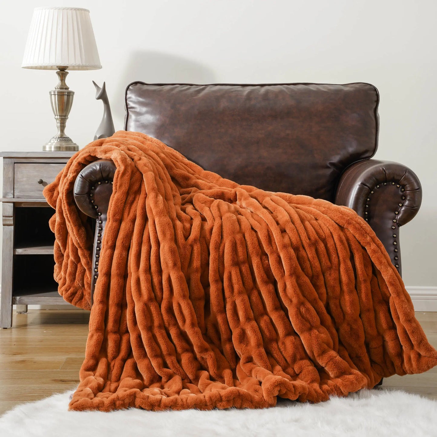 BATTILO Orange Faux Fur Throw Blanket, Double Side Ruched Reversible Blanket for Bed, 50X60 Inches