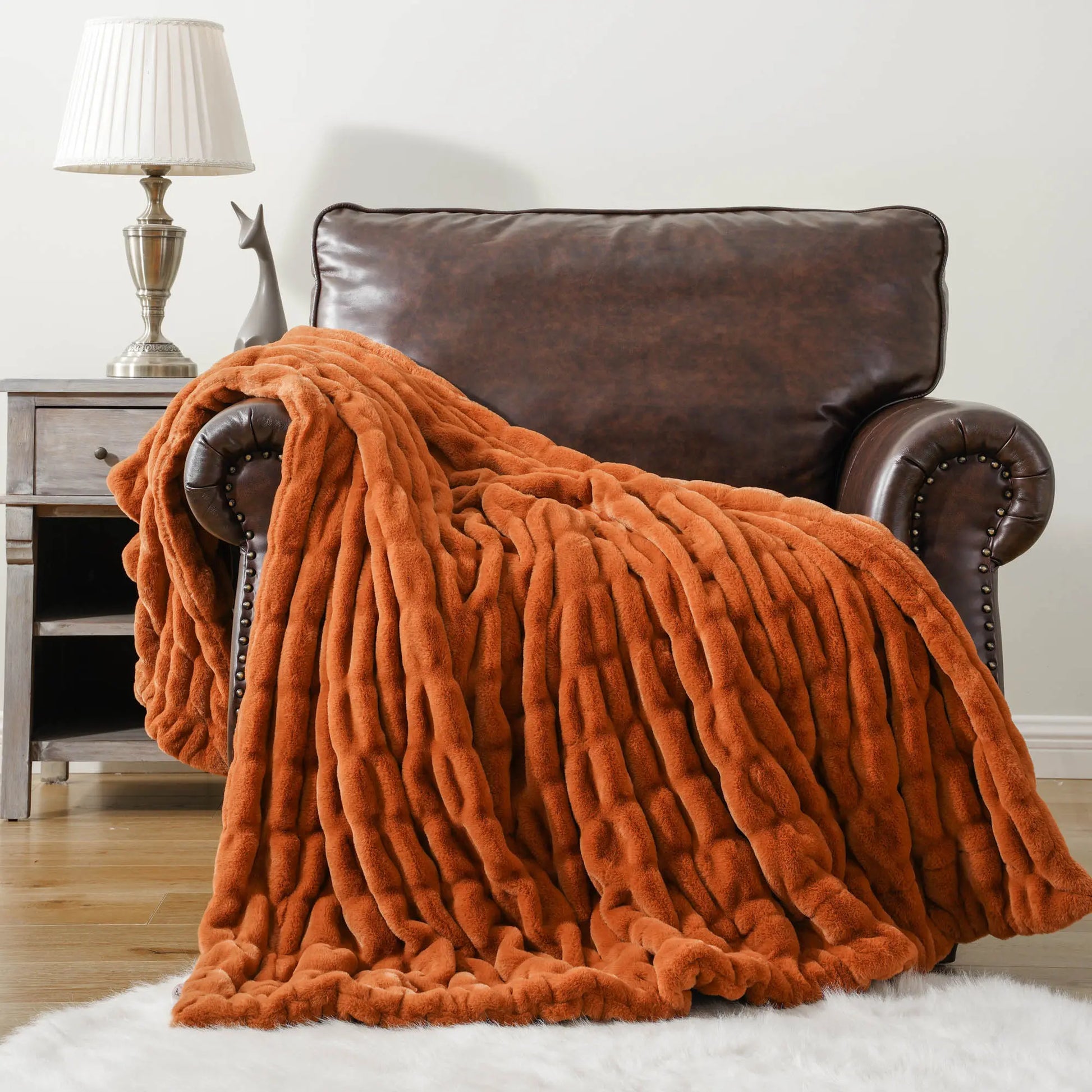 BATTILO Orange Faux Fur Throw Blanket, Double Side Ruched Reversible Blanket for Bed, 50X60 Inches