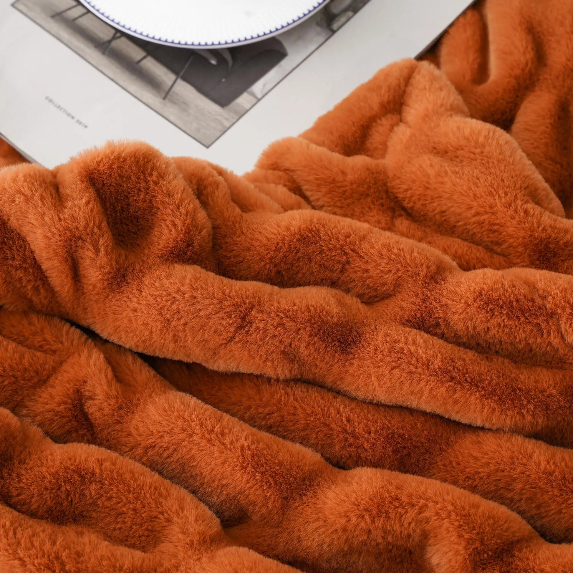 BATTILO Orange Faux Fur Throw Blanket, Double Side Ruched Reversible Blanket for Bed, 50X60 Inches
