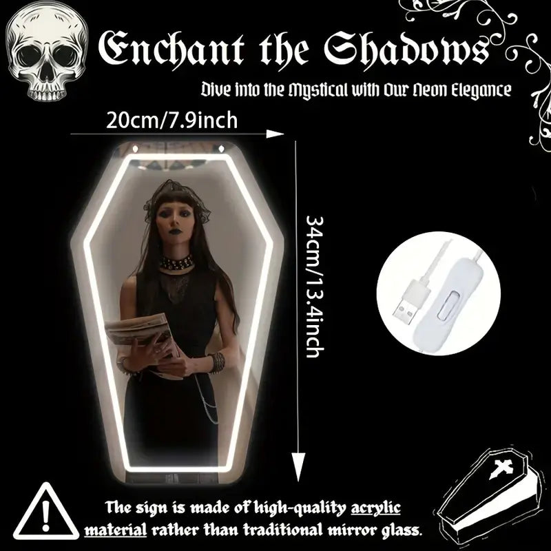 Gothic Elegance Coffin Neon Mirror Acrylic Glass Durable Resistant White Wall Decor for Witch Bedroom Gothic Lovers Gift