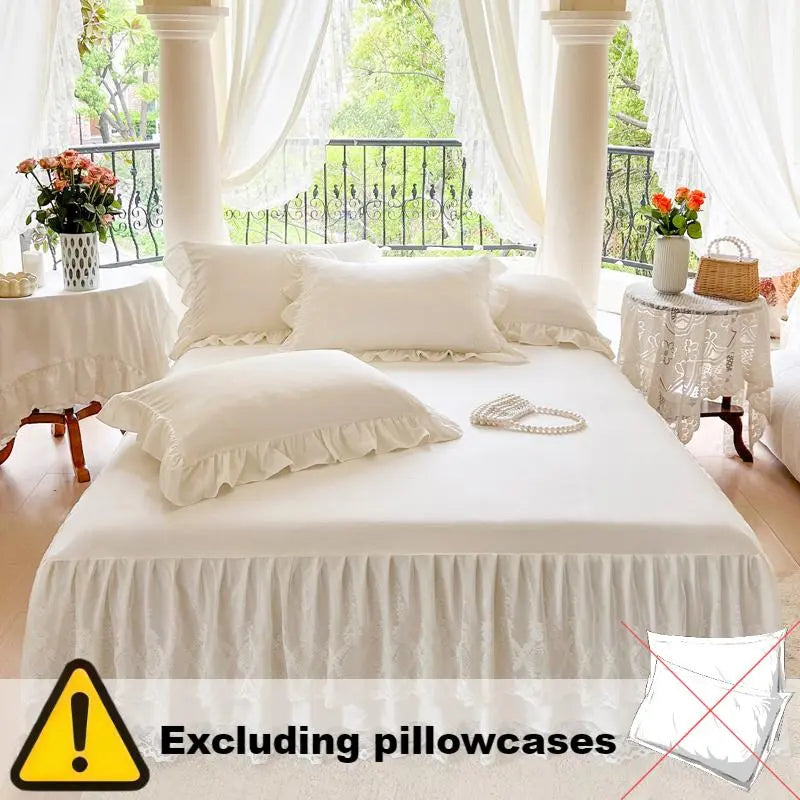 French Princess Lace Bed Skirt, Elegant Warm Mattress Protector, All-Season Washable Bedding for Bedroom, Guest Room, Hotel or Dorm Decor