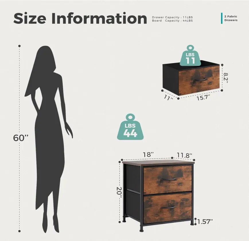 Night Stand, Small Dresser with 2/4 Drawers & Wooden Top, Nightstand with Fabric Bins, Bedside Table End Table for Bedroom, Closet, Entryway, College Dorm, Rustic Brown