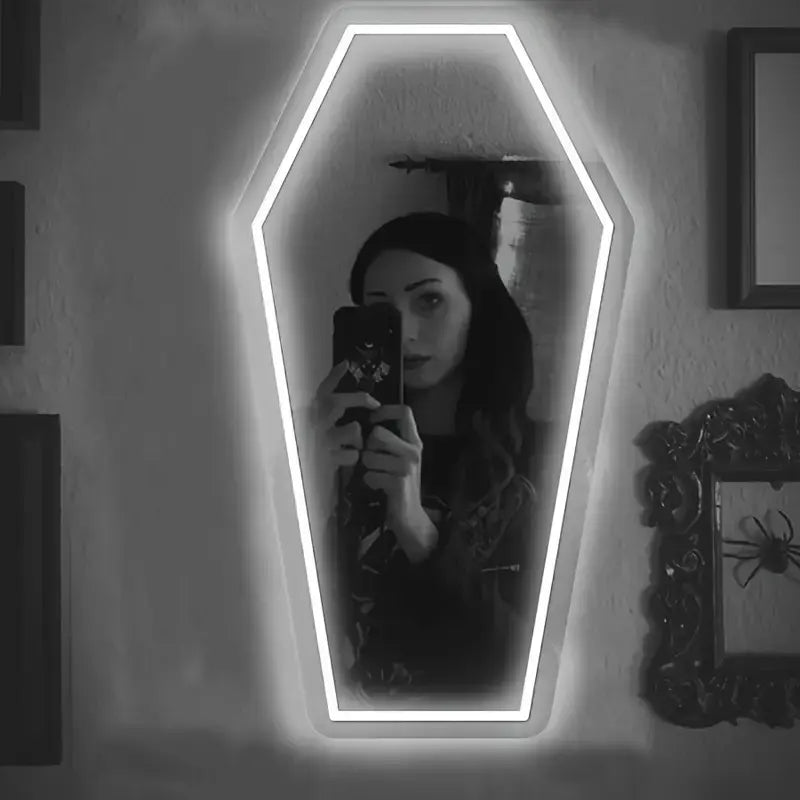 Gothic Elegance Coffin Neon Mirror Acrylic Glass Durable Resistant White Wall Decor for Witch Bedroom Gothic Lovers Gift